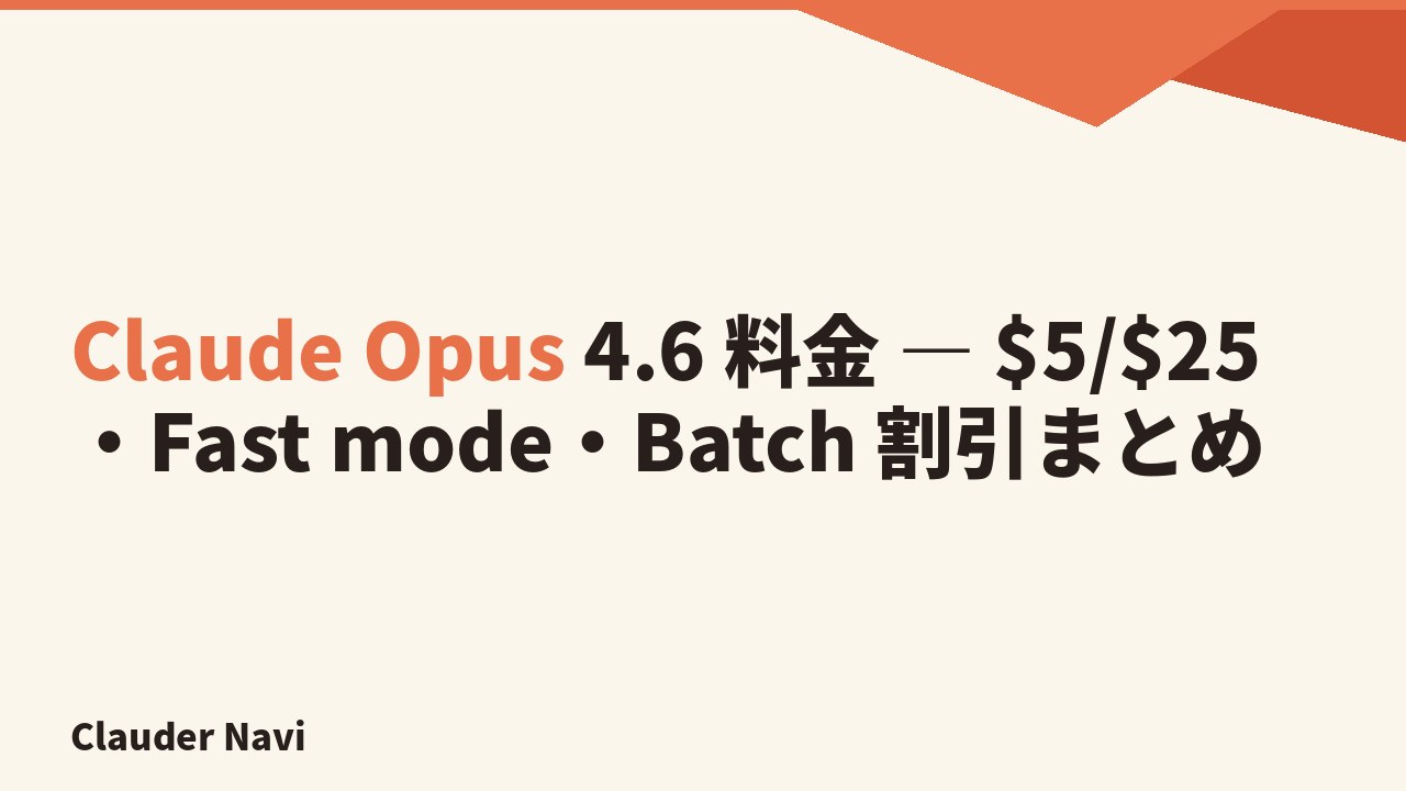 Claude Opus 4.6 料金 — $5/$25・Fast mode・Batch 割引まとめ